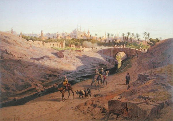 En udsigt over Kairo fra nord med Den Hvide Moske, en af 24 illustrationer produceret af G.W. Seitz, trykt ca. 1873 (farve litho) af Carl Friedrich Heinrich (after) Werner
