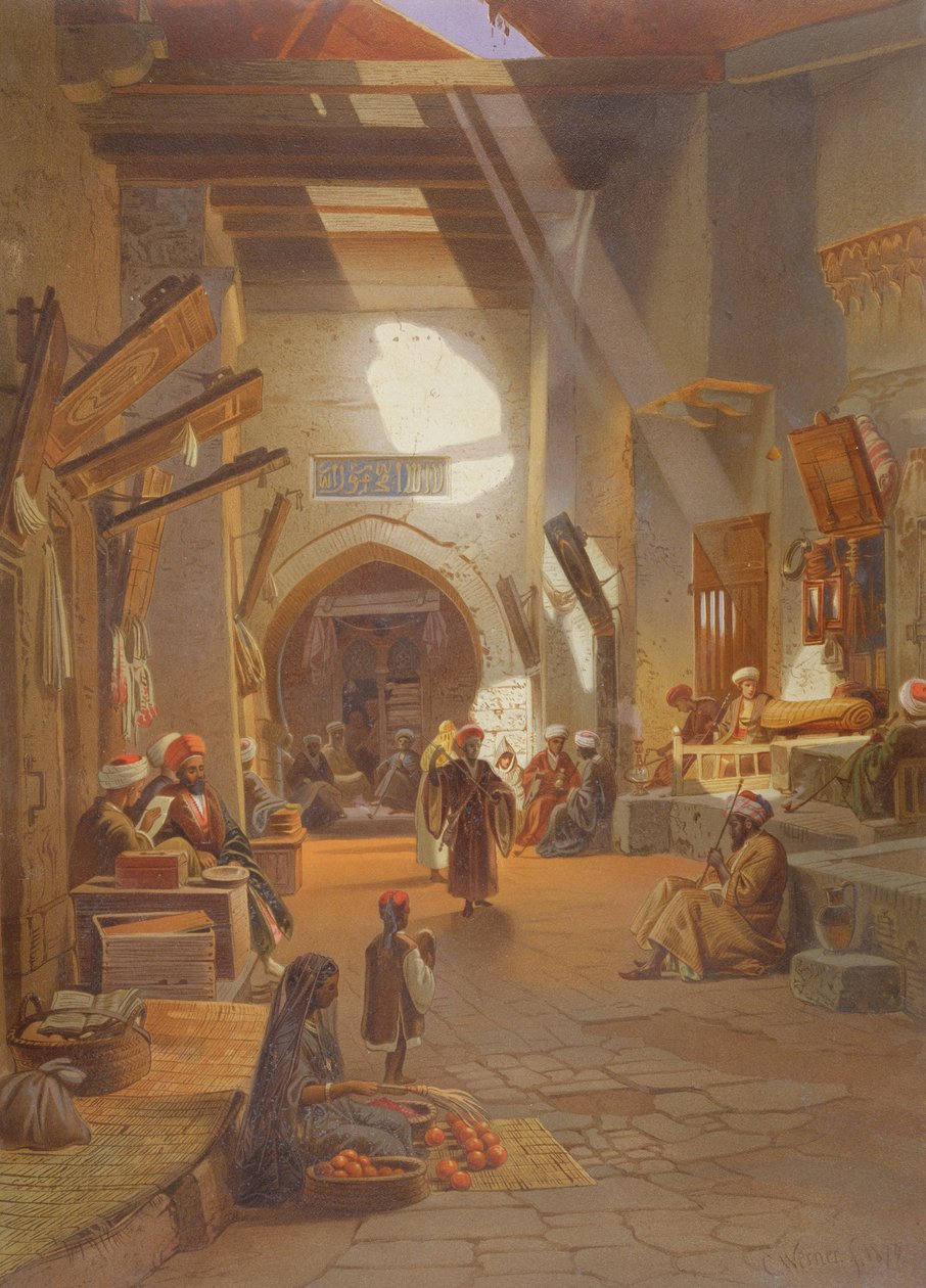 Bazaar at Girgah, en af 24 illustrationer produceret af G.W. Seitz, trykt c.1873 af Carl Friedrich Heinrich Werner