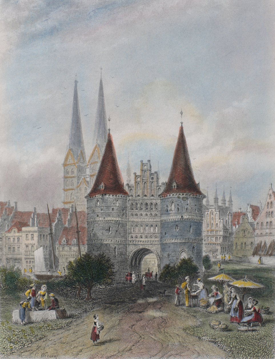 Holsten-porten i Lübeck, graveret af John Godfrey (1817-89) (farvestik) af Carl Friedrich Heinrich Werner