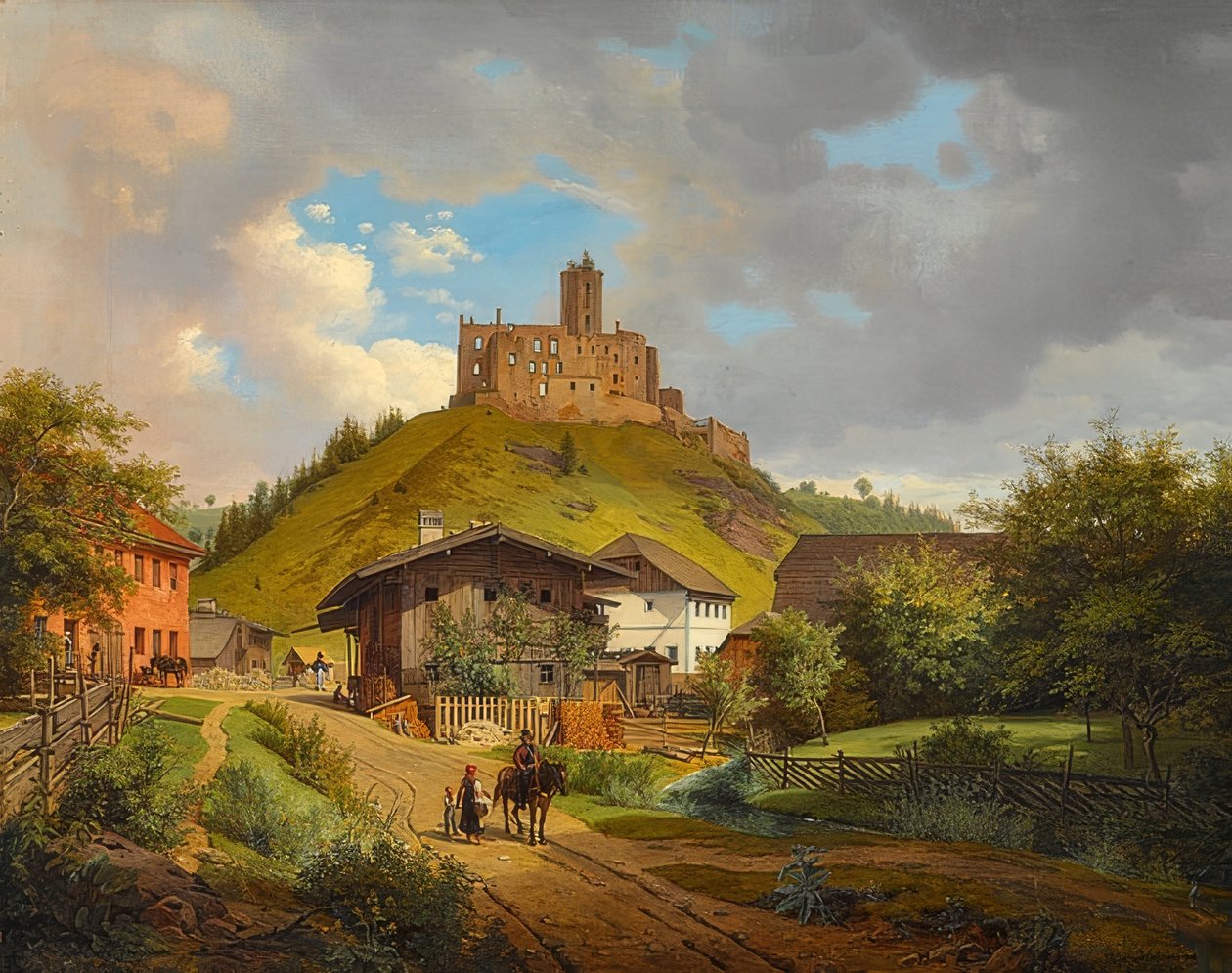 Hilgartsberg slotsruiner og udsigt over Hofmark ved Donau. 1829 af Carl Friedrich Heinzmann