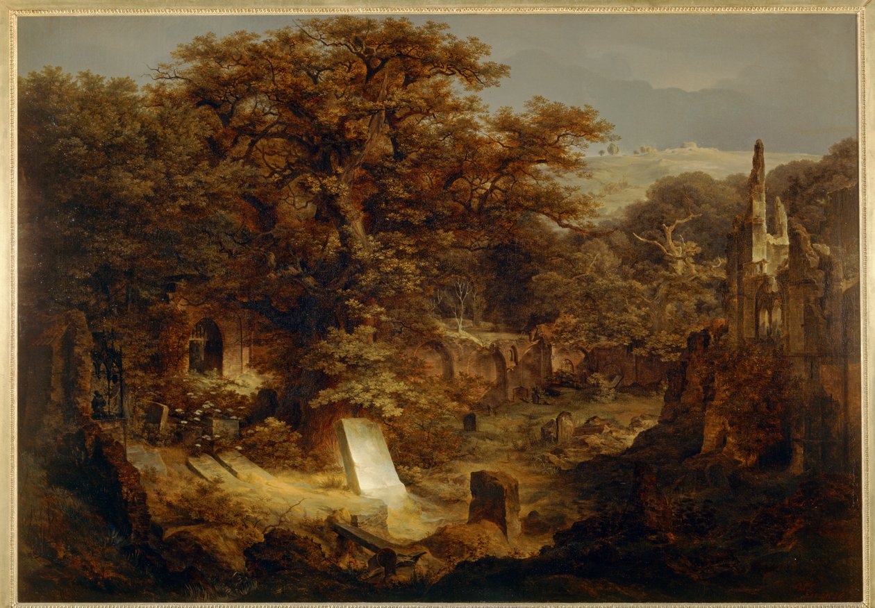 Kirkegård og ruiner overgroet med træer ... af Carl Friedrich Lessing