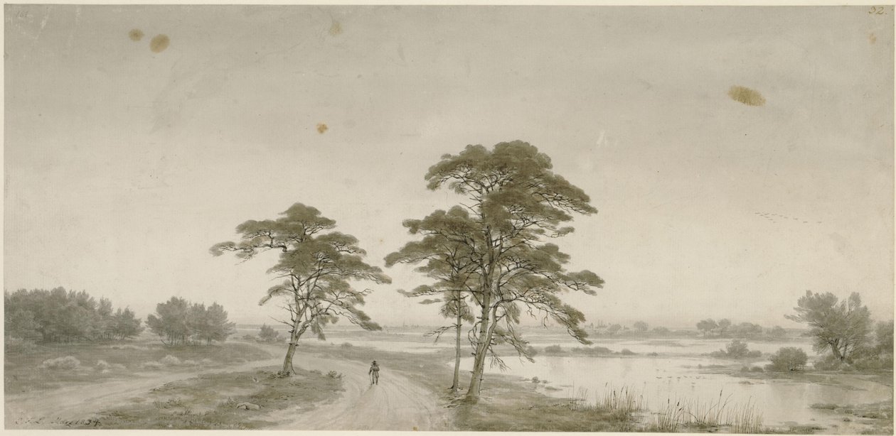 Fladt landskab med vandrer af Carl Friedrich Lessing