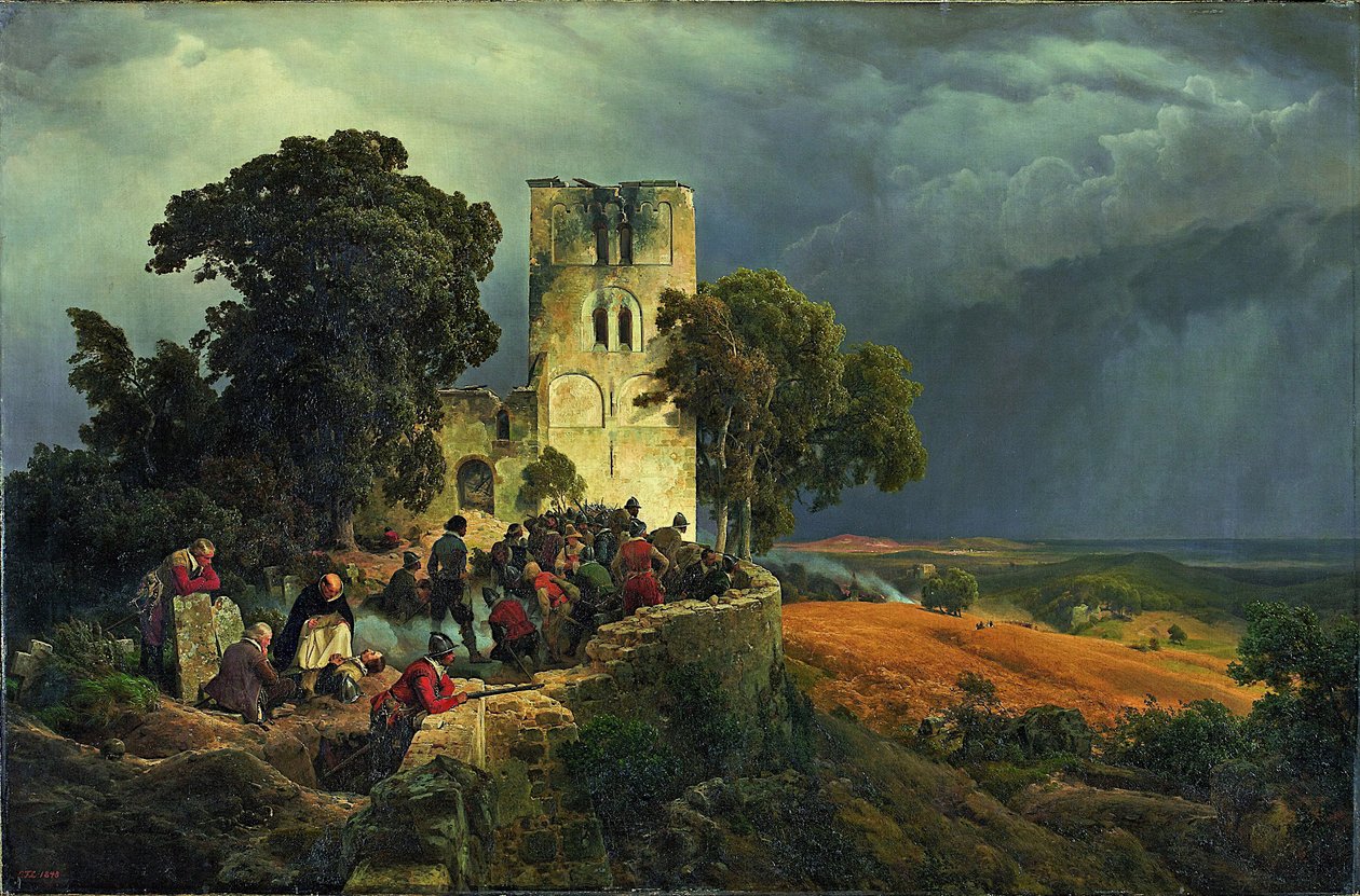 Belejringsforsvaret af en kirkegård under 30-års krigen, 1848 af Carl Friedrich Lessing