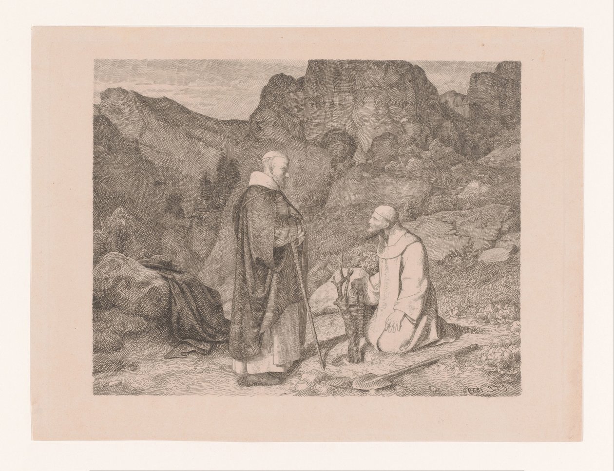 To munke ved et beskåret træ i et bjerglandskab af Carl Friedrich Lessing