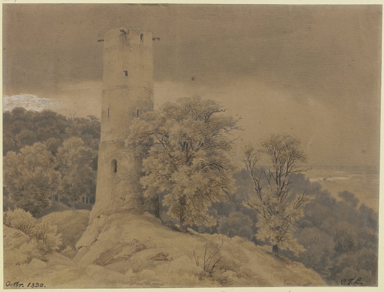 Skovlandskab med vagttårn af Carl Friedrich Lessing