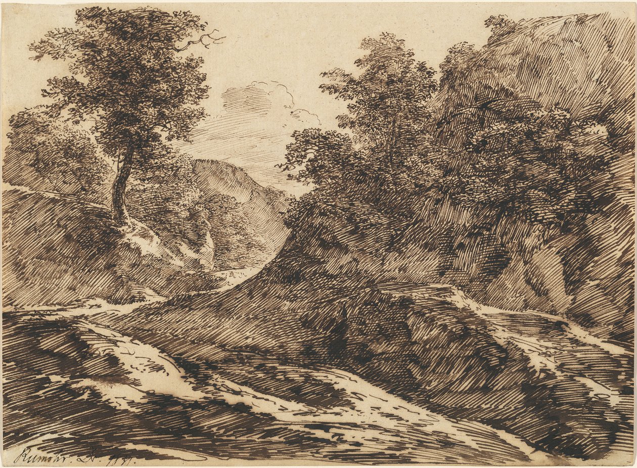 En vej gennem et kuperet landskab af Carl Friedrich Ludwig Felix von Rumohr