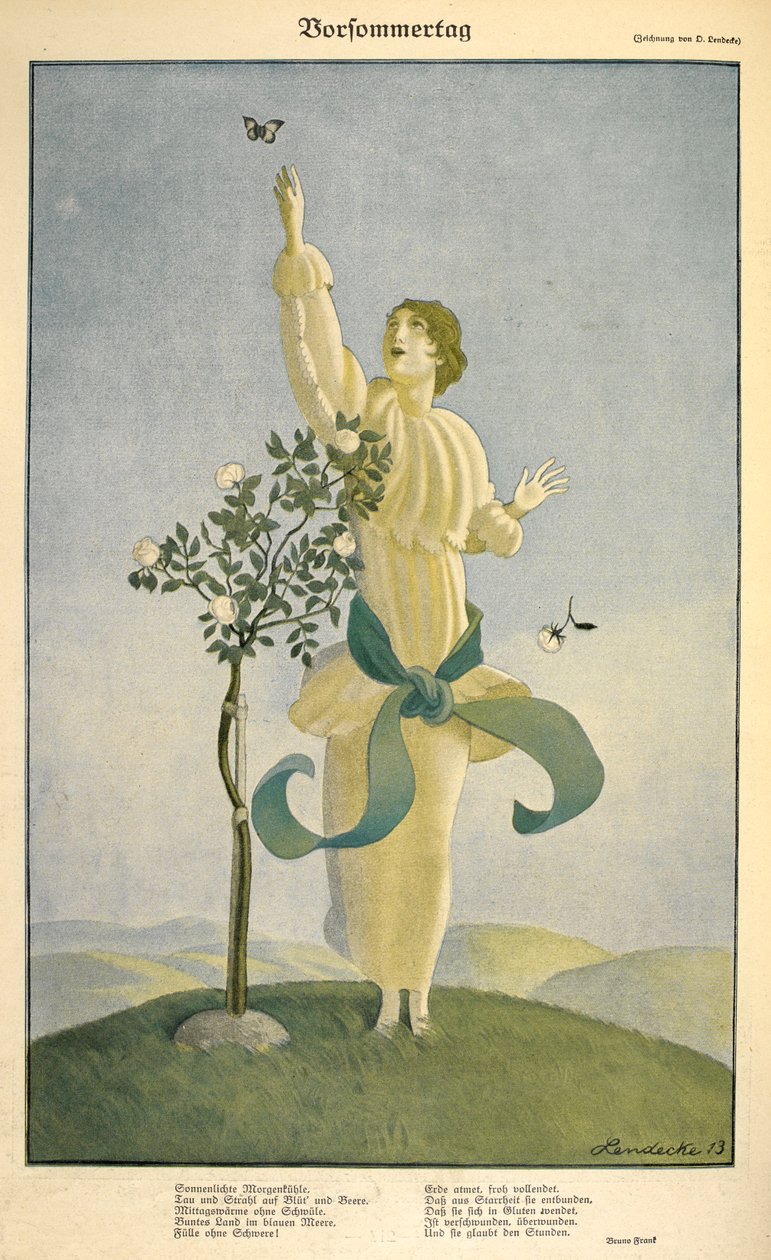 Tegning til digtet "Vorsommertag": .Tegning på digtet "Vorsommertag". En kvinde rækker ud efter en sommerfugl. af Carl Friedrich Otto Lendecke