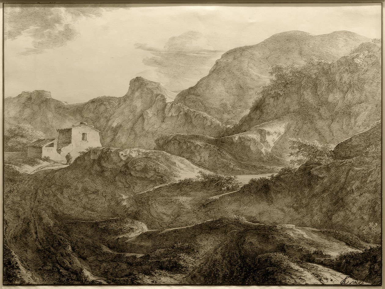 Bjerglandskab, til venstre et hus med en vandrer foran det af Carl Friedrich von Rumohr