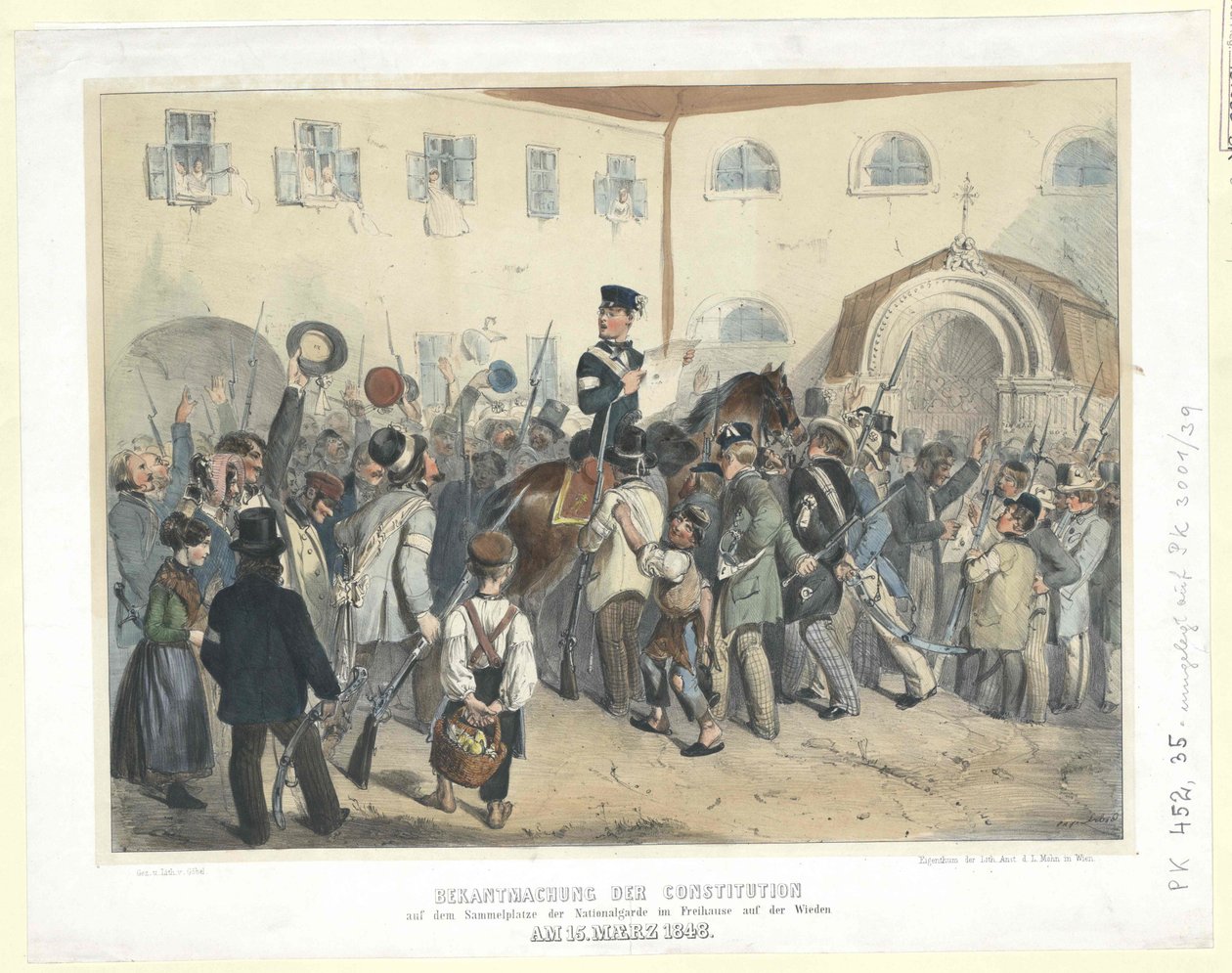 Proklamation af forfatningen på nationalgardens mødested i Freihaus (det frie hus) på Wieden den 15. marts 1848 (farvelitografi) af Carl Goebel