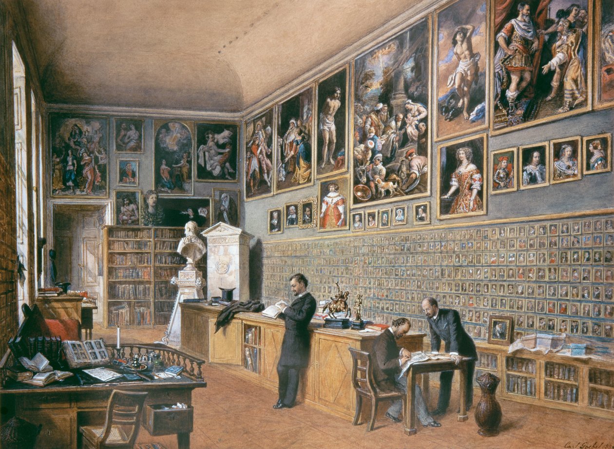 Biblioteket, også kontoret for embedsmændene for Ambras-samlingen (portrætsamling) af Carl Goebel d. J.