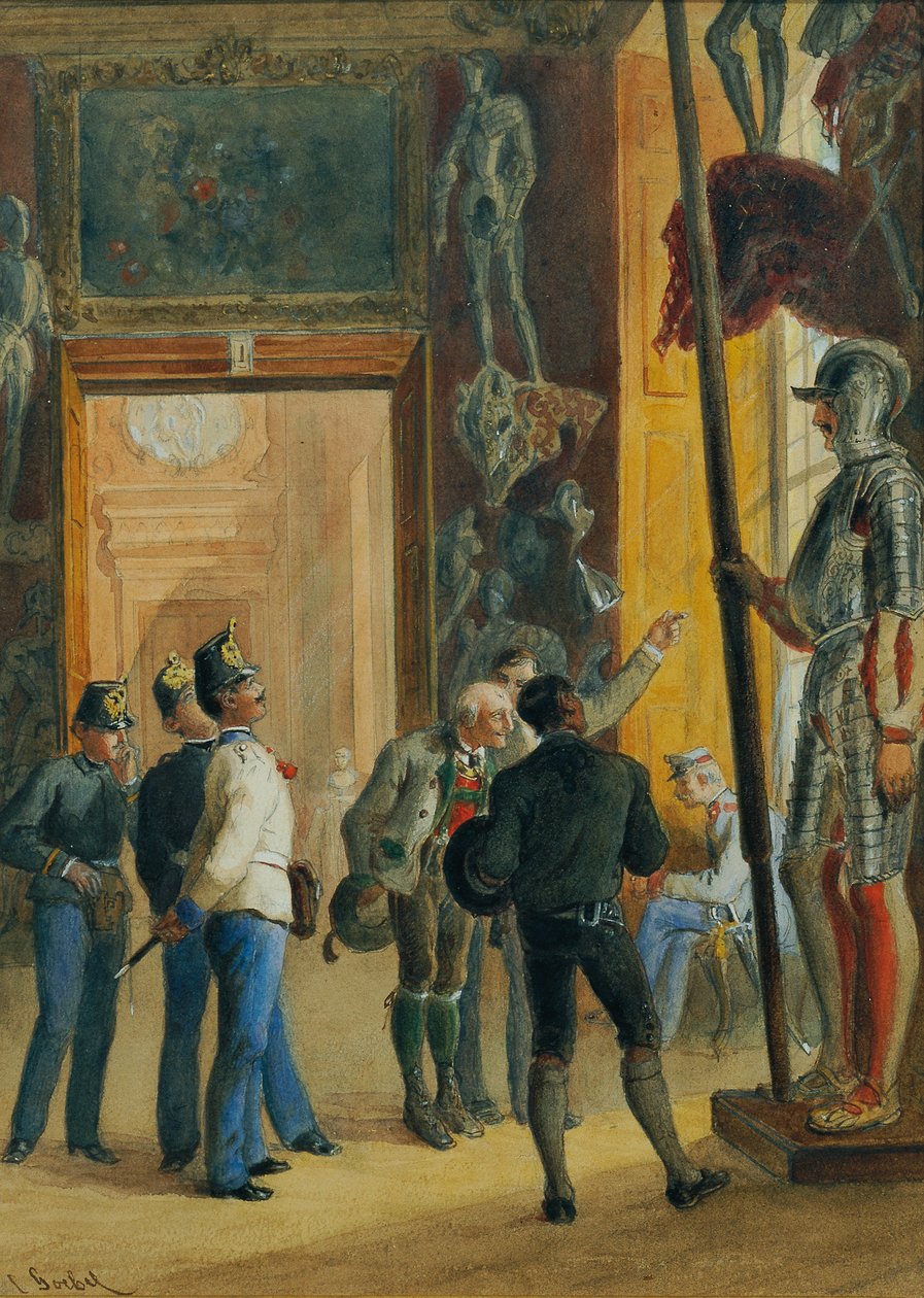 Østrigske officerer og to tyrolere ser Ambras-samlingen i Nedre Belvedere af Carl Goebel d. J.