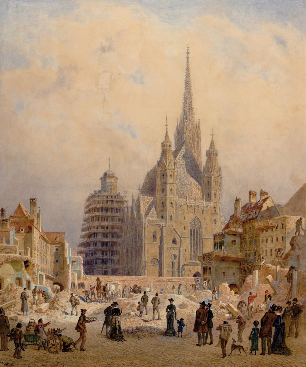 Udsigt til Stephansdom under nedrivningen af brandtomten af Carl Goebel der Jüngere