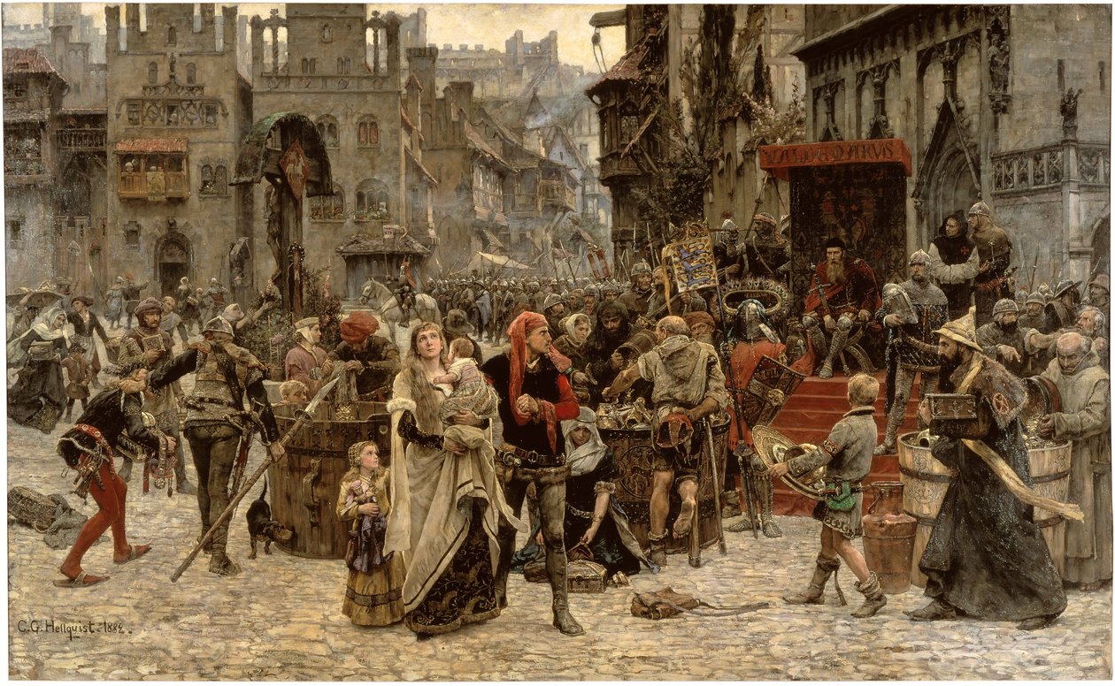 Svensk: Valdemar Atterdag kræver løsepenge for Visby i 1361
 Valdemar Atterdag kræver løsepenge for Visby, 1361 af Carl Gustaf Hellqvist