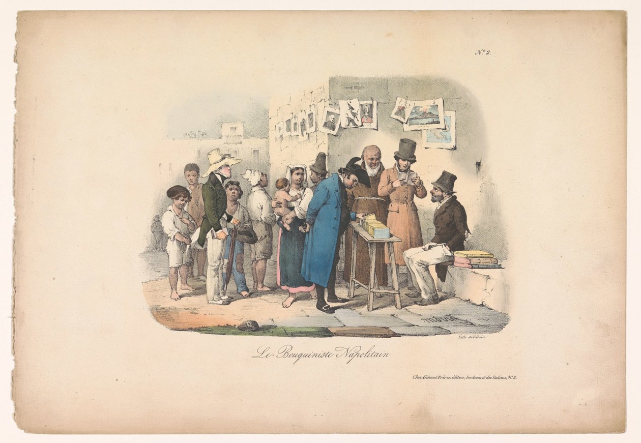 Boghandlerbod i Napoli Le Bouquiniste Napolitain (titel på objekt) Genrescener i Napoli (serietitel) Populære scener fra Naples og douze Tableaux (serietitel) af Carl Gustaf Hjalmar Mörner