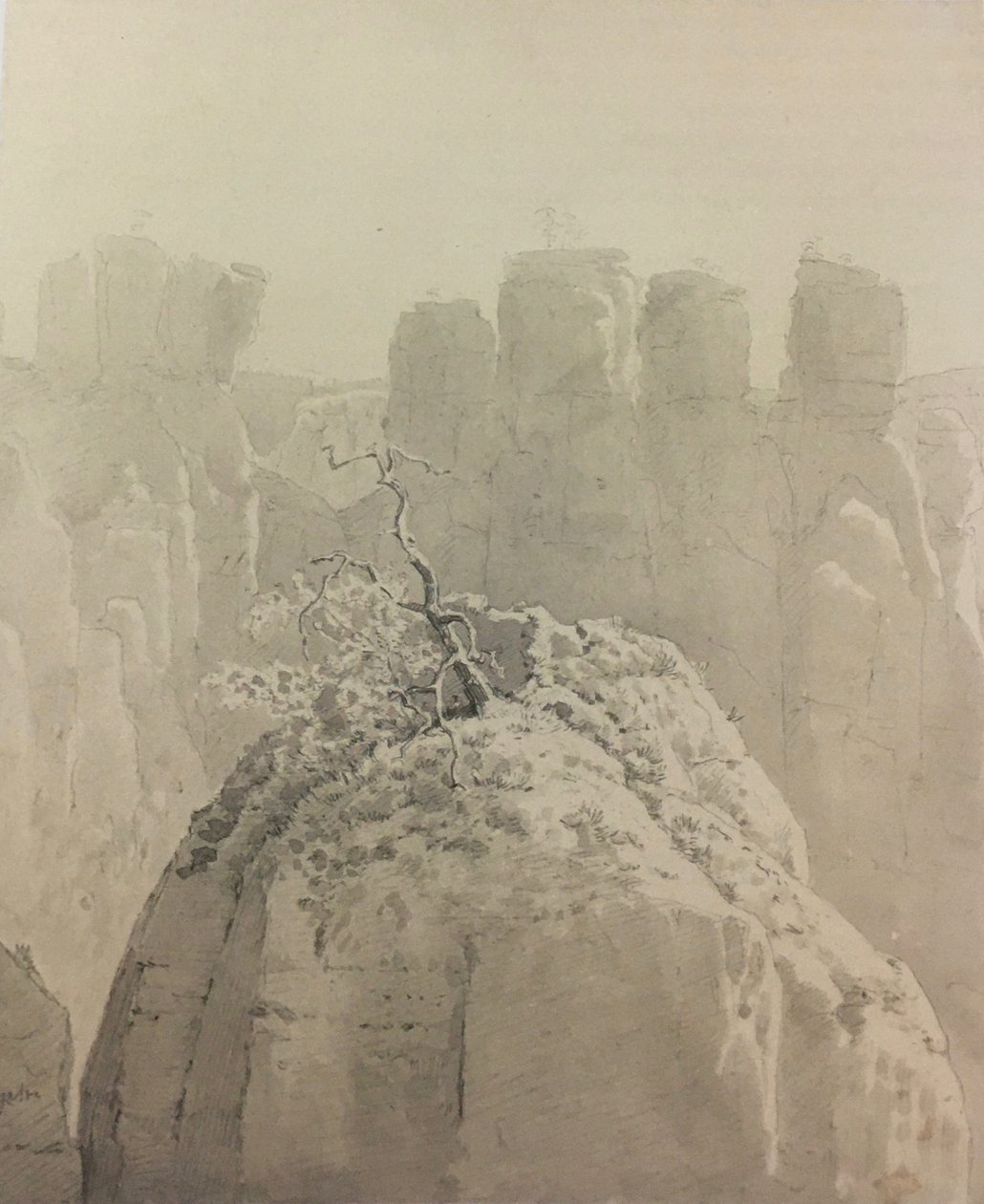 Tysk: Udsigt fra Bastei-broen i Saksisk Schweiz til Kleine Gans af Carl Gustav Carus