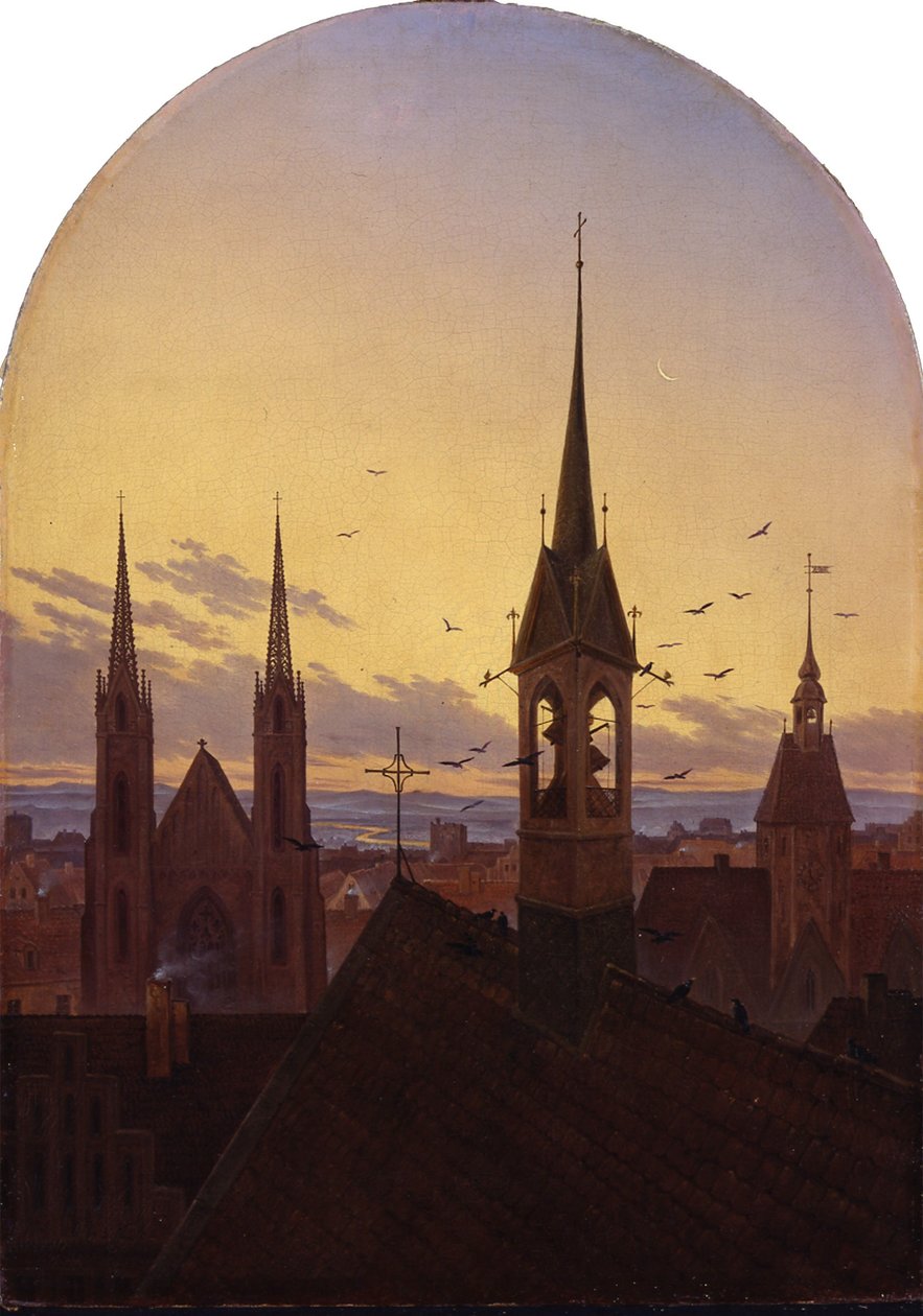Tysk: Frühläuten (Altdeutsche Stadt im Frühlicht) Morgenklokke (gammel tysk by i morgenlys) af Carl Gustav Carus