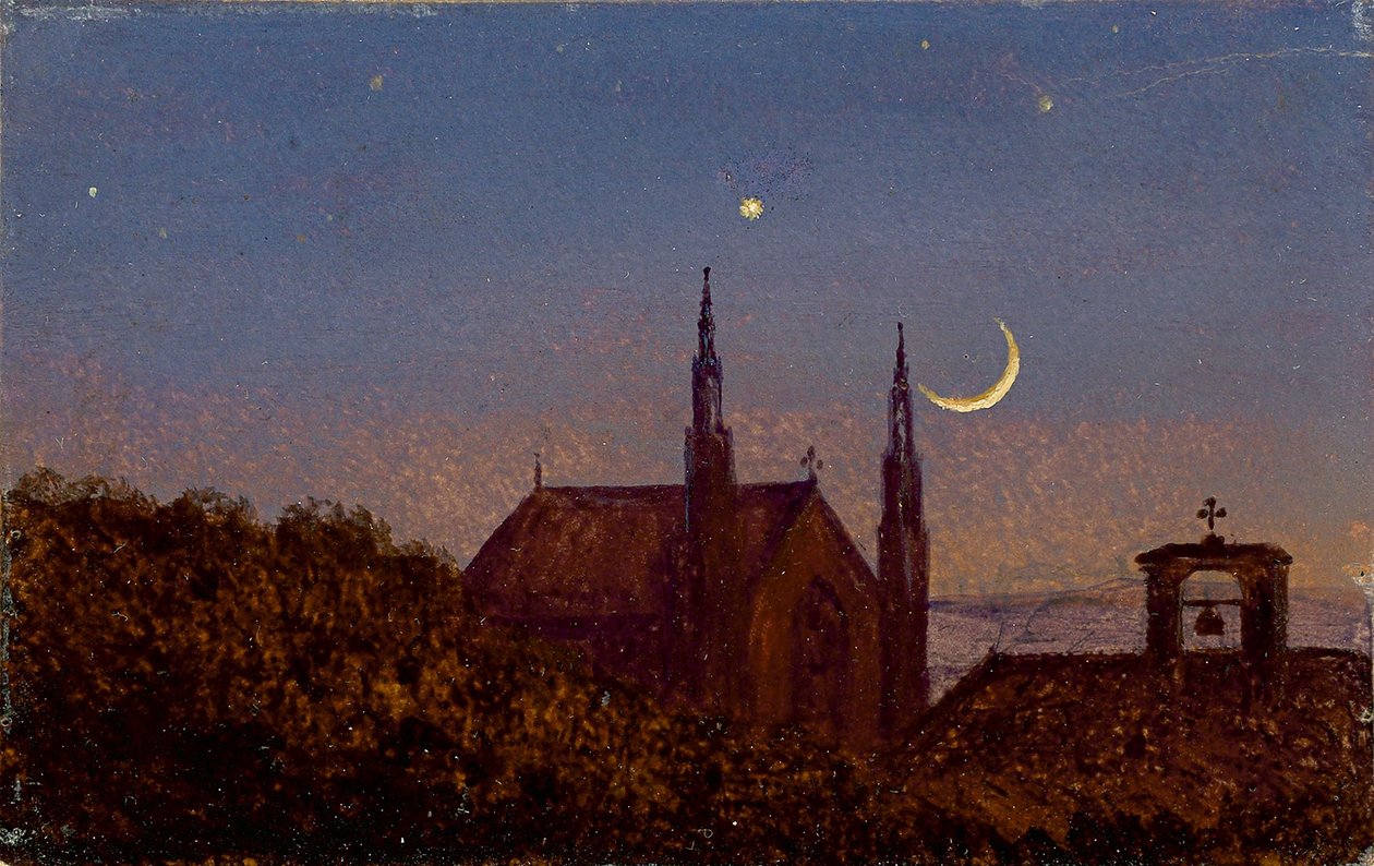Tysk: Gotisk kirke over trætoppe i måneskin (Lille måneskinslandskab med lille kirke) af Carl Gustav Carus