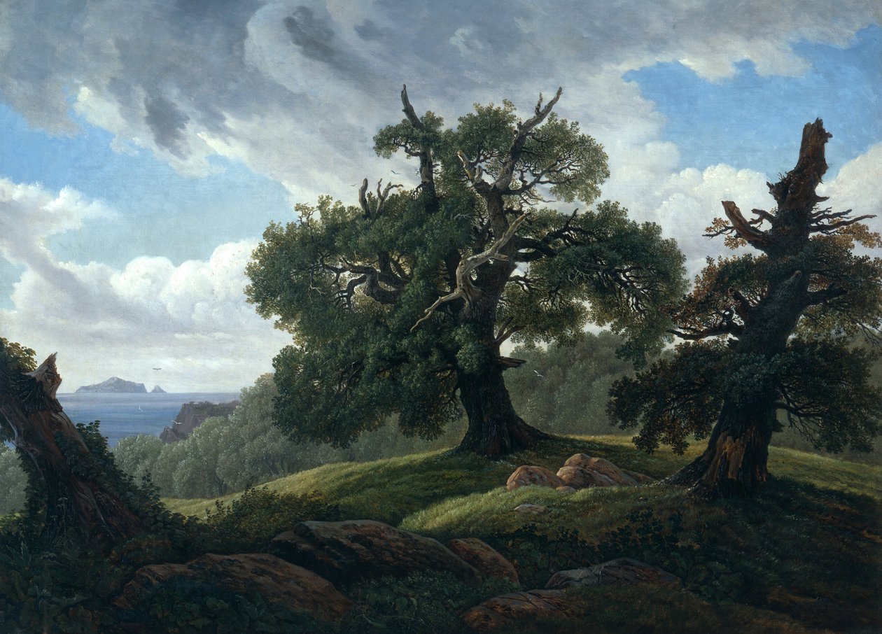 Minde om en skovklædt ø i Østersøen Egetræer ved havet, 1835 af Carl Gustav Carus