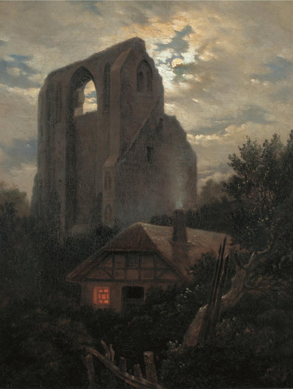 Ruinerne af Eldena-klosteret med sommerhus nær Greifswald i måneskin, 1820 af Carl Gustav Carus