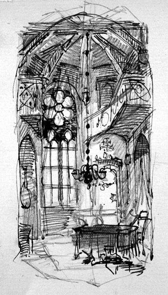 En skitse af kunstnerens Oberwesel-atelier (pen og blæk og blyant på papir) af Carl Haag