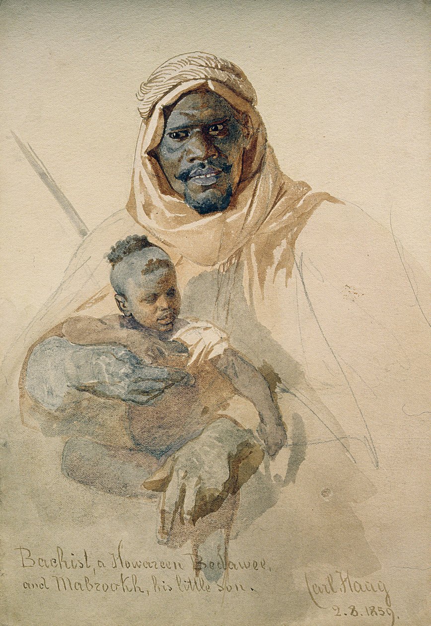 Bachist, en Howazeen Bedawee og Mabzookh, hans lille søn, 1859 (blyant og wc-vask på papir) af Carl Haag