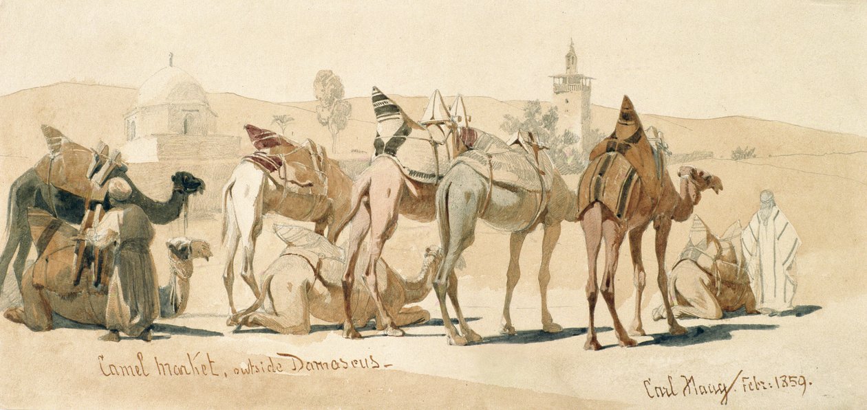 Kamelmarked uden for Damaskus, 1859 (blyant og vask på papir) af Carl Haag