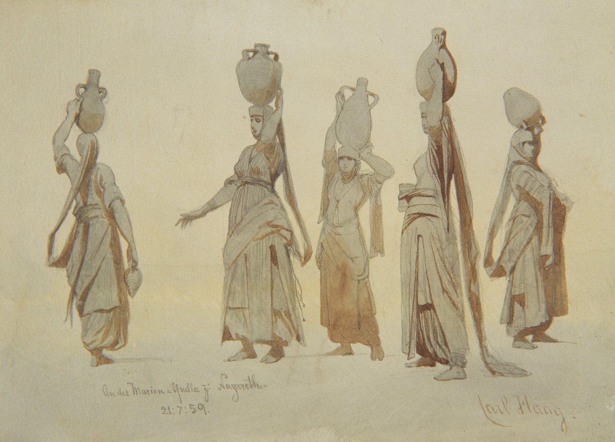 Kvindelige vandbærere, Nazareth, 1859 (blyant og vask på papir) af Carl Haag