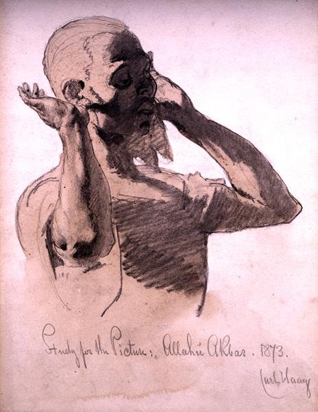 Figur Praying, en undersøgelse til billedet, Allahu Akbar, 1873 (blyant og akvarelvask på papir) af Carl Haag
