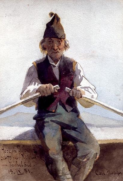 Joseph Zwenger i en robåd, det bayerske højland af Carl Haag