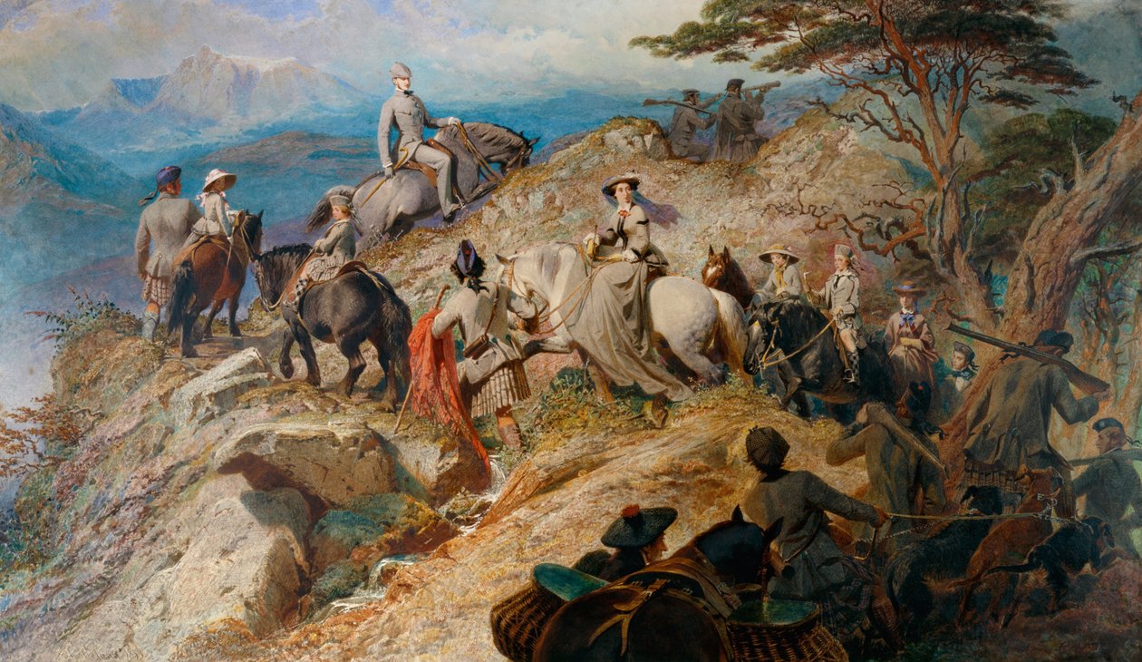 Morgen i højlandet. Den kongelige familie på vej op i Lochnagar, 1853 af Carl Haag