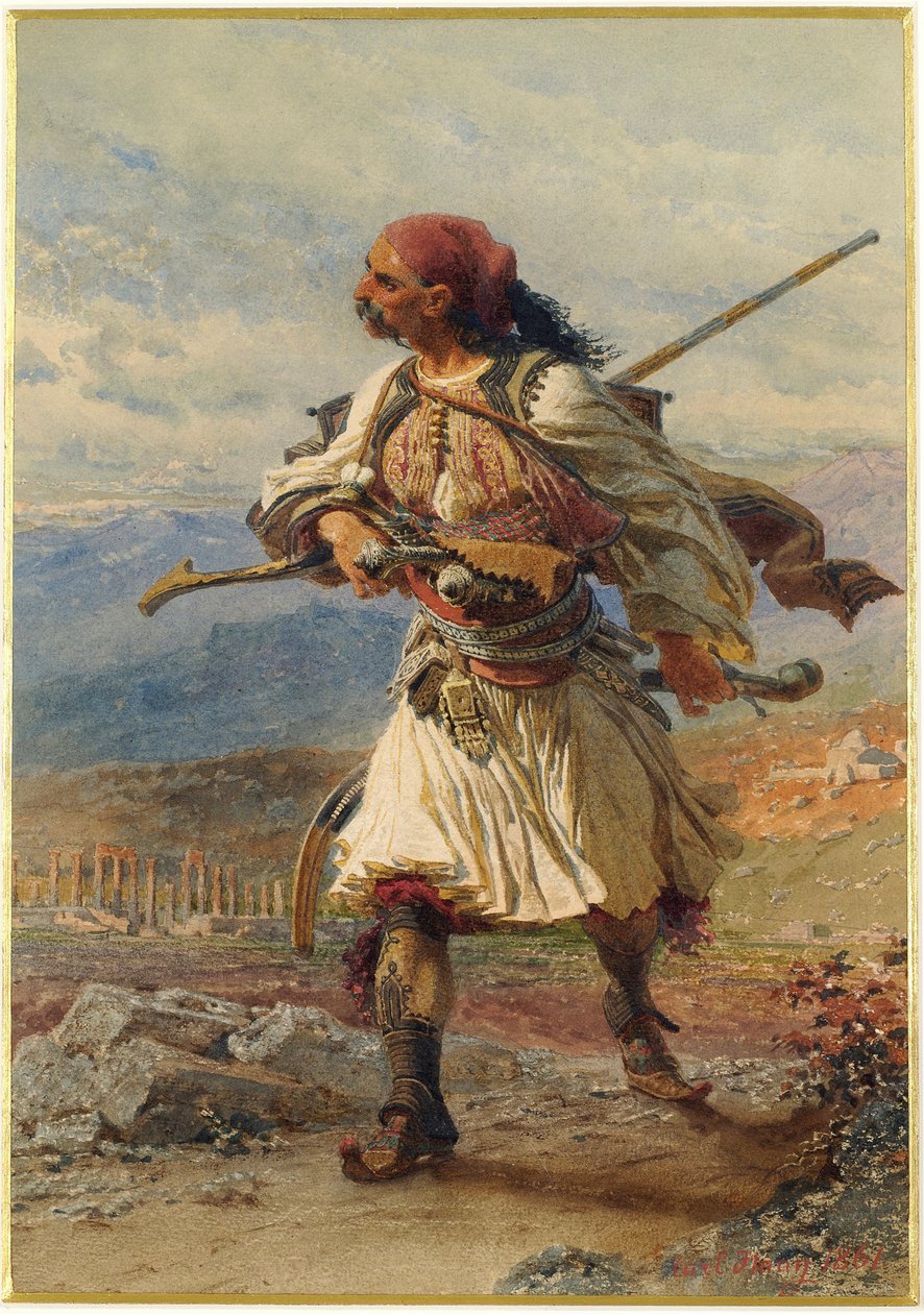Portræt af en Armatole, græsk kriger, på tidspunktet for den græske uafhængighedskrig (1821-1830) - Værk af Carl Haag (1820-1915), akvarel og gouache på papir (35x25 cm) af Carl Haag