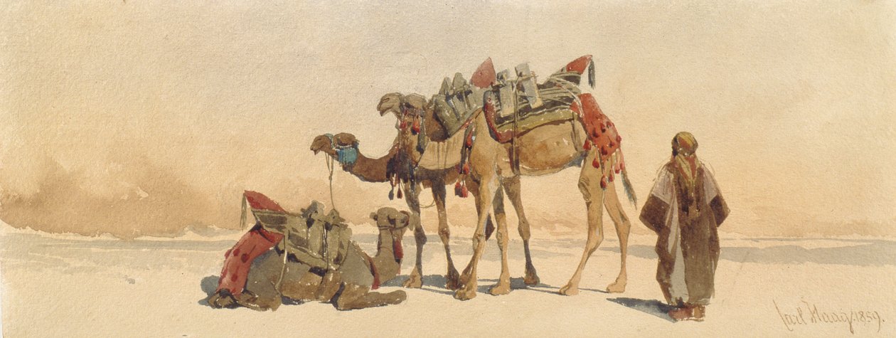 Hviler med tre kameler i ørkenen, 1859 af Carl Haag