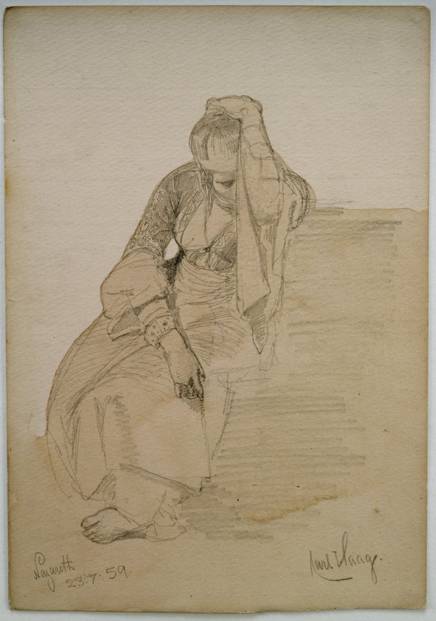 Studie af en siddende dame, Nazareth, 1859 (blyant og wc-vask på papir) af Carl Haag