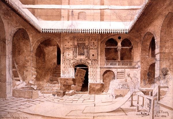 Chan Chaleel Carpet Bazaar i Kairo, 1858 (blyant og brun vask på papir) af Carl Haag