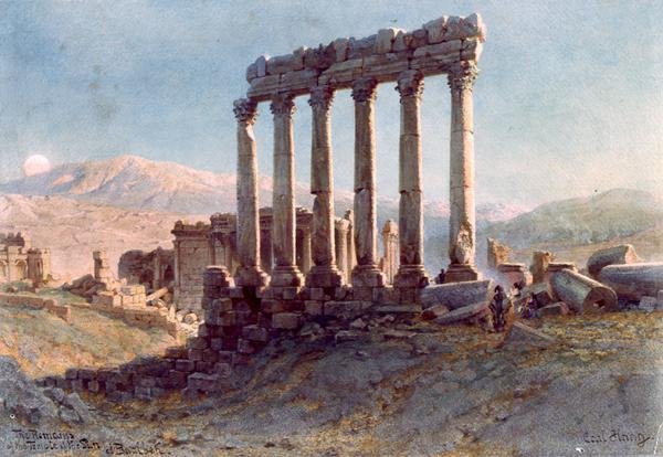 Resterne af Solens tempel i Baalbek (akvarel på papir) af Carl Haag