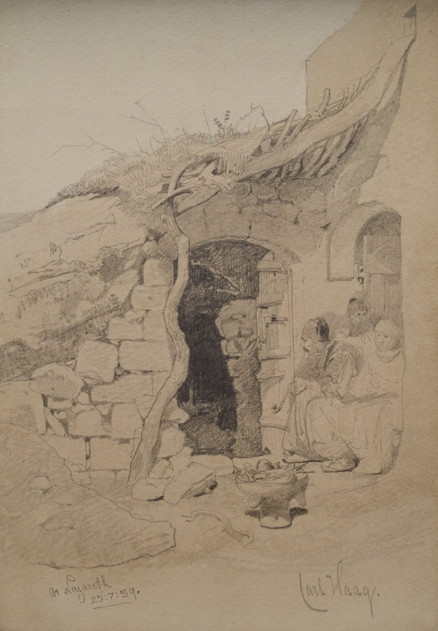 Tre personer siddende uden for et hus, Nazareth, 1859 (blyant og vask på papir) af Carl Haag