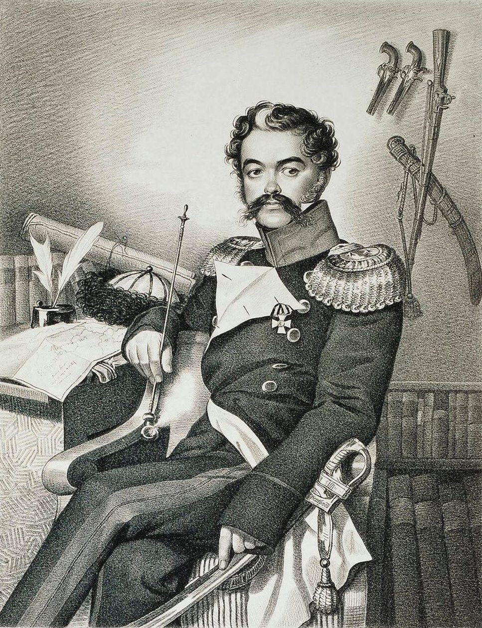 Portræt af Denis Davydov 1784-1839, soldat og digter, begyndelsen af det 19. århundrede. af Carl Hampeln von