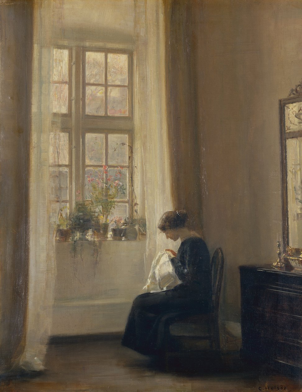 En pige, der syr i et interiør (olie på lærred) af Carl Holsoe