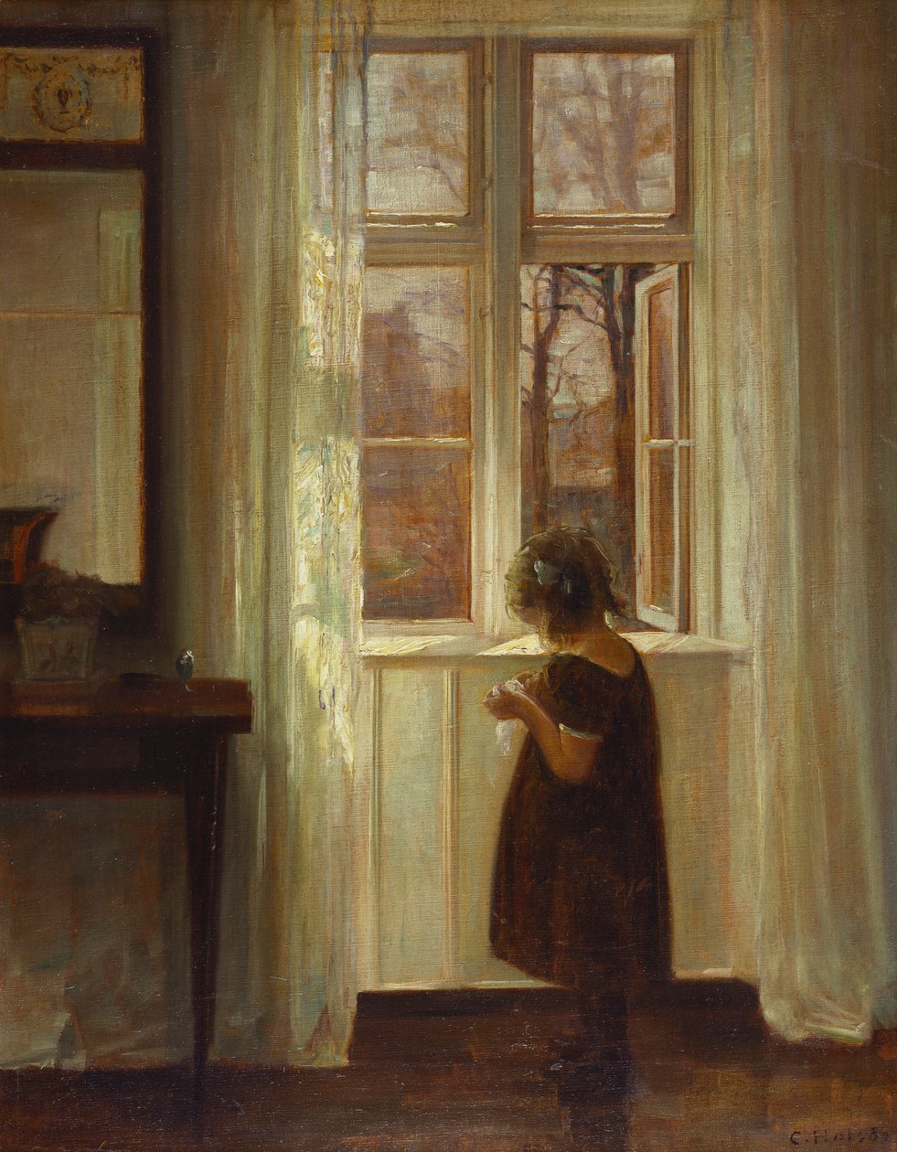 En pige, der står ved et vindue (olie på lærred) af Carl Holsoe