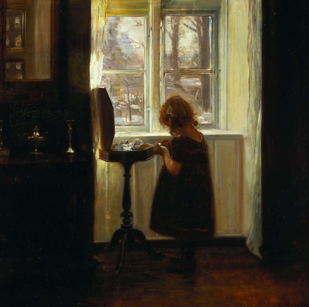 En pige, der står ved et sybord (olie på lærred) af Carl Holsoe