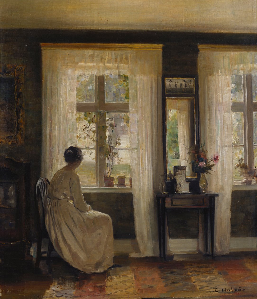 En dame i et interiør (olie på lærred) af Carl Holsoe