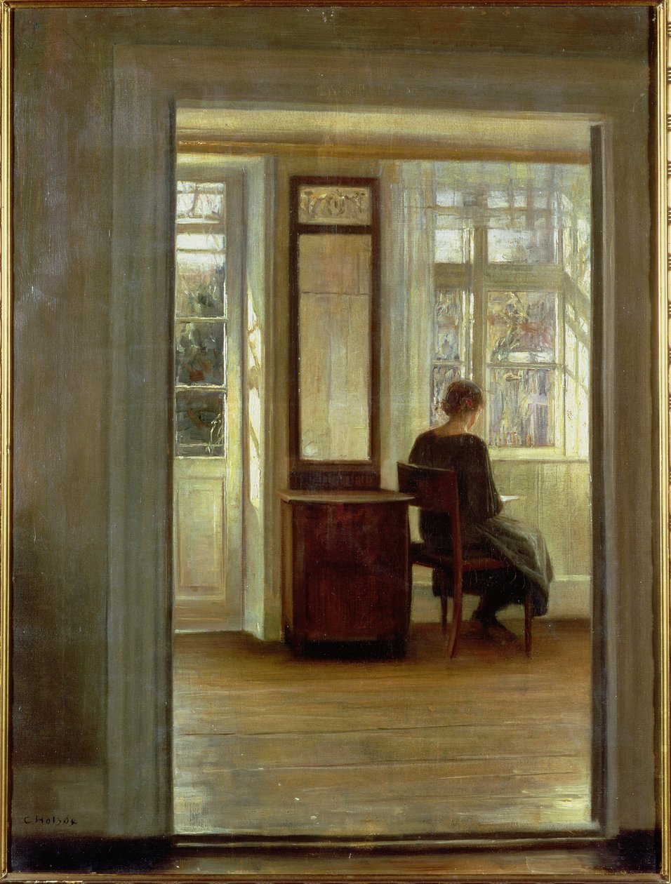 En dame i et interiør (olie på lærred) af Carl Holsoe