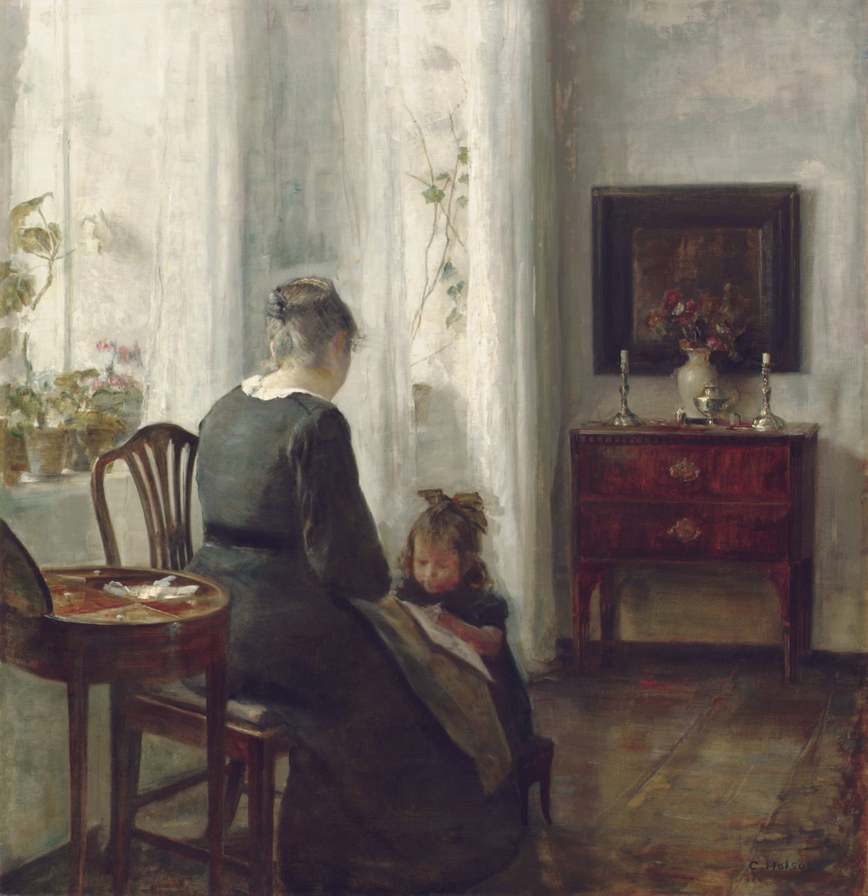 En mor og et barn i et interiør (olie på lærred) af Carl Holsoe