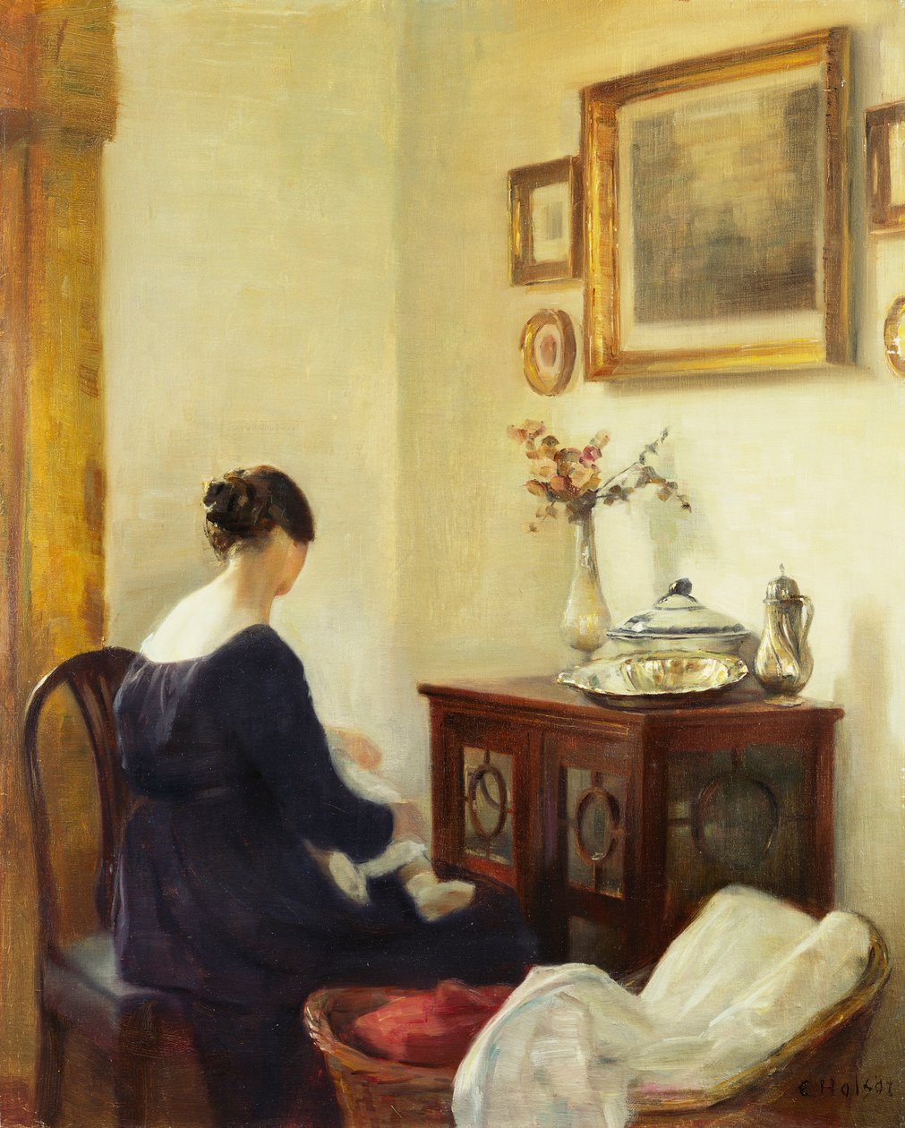 En mor og et barn i et interiør (olie på lærred) af Carl Holsoe