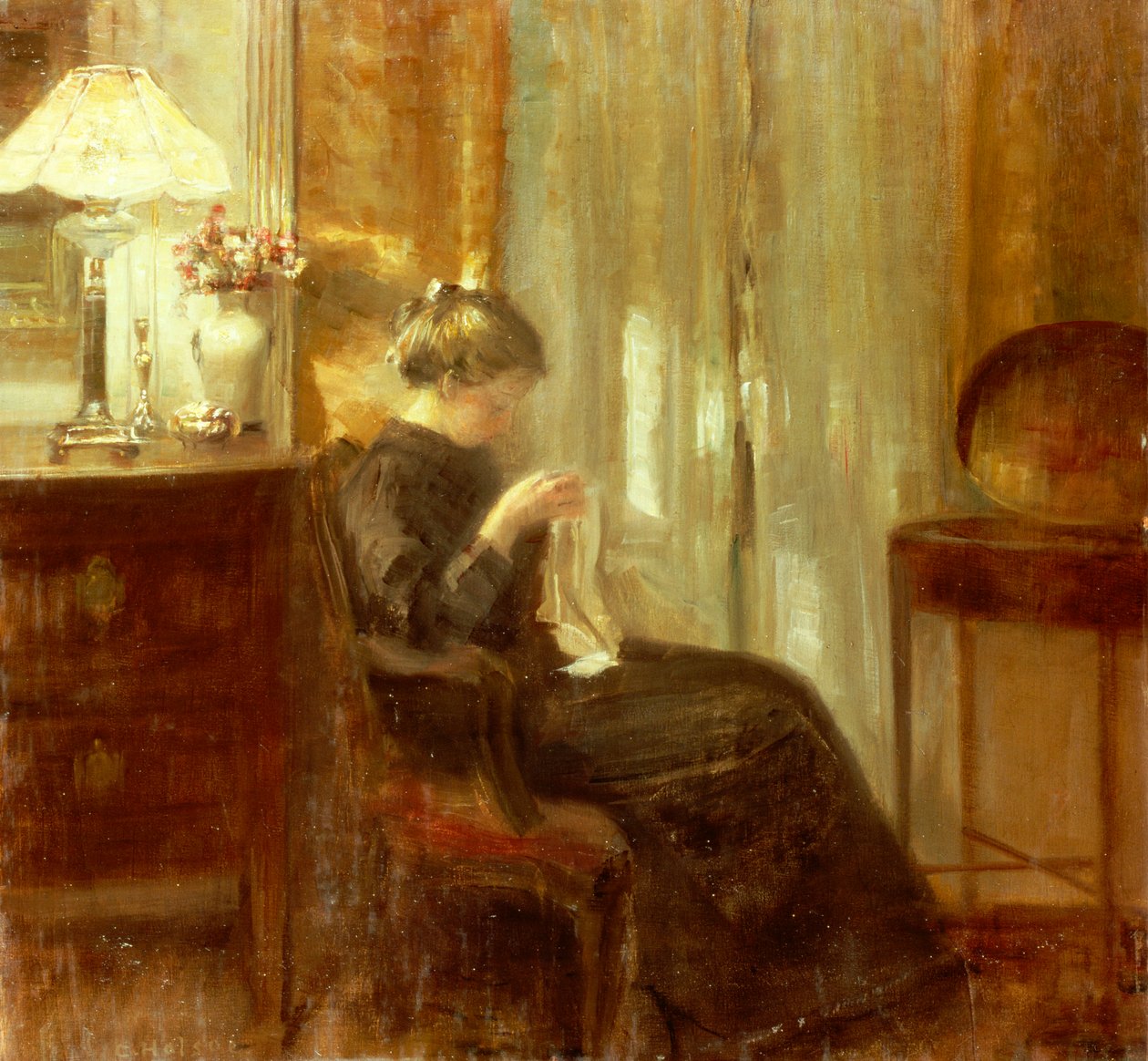 En kvinde, der syr i et interiør (olie på panel) af Carl Holsoe
