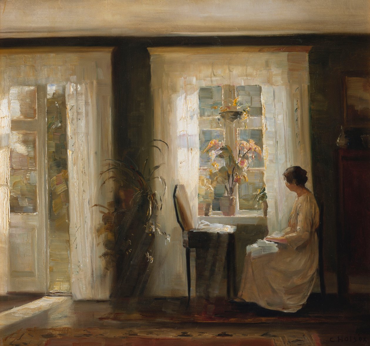 En kvinde ved et solrigt vindue (olie på lærred) af Carl Holsoe
