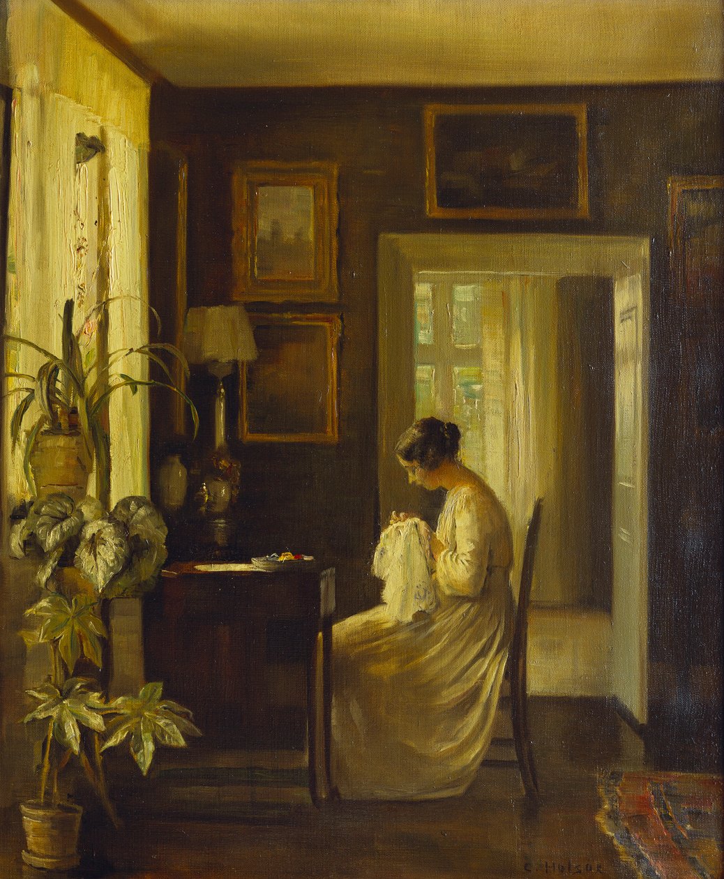 Et interiør med en kvindesyning (olie på lærred) af Carl Holsoe