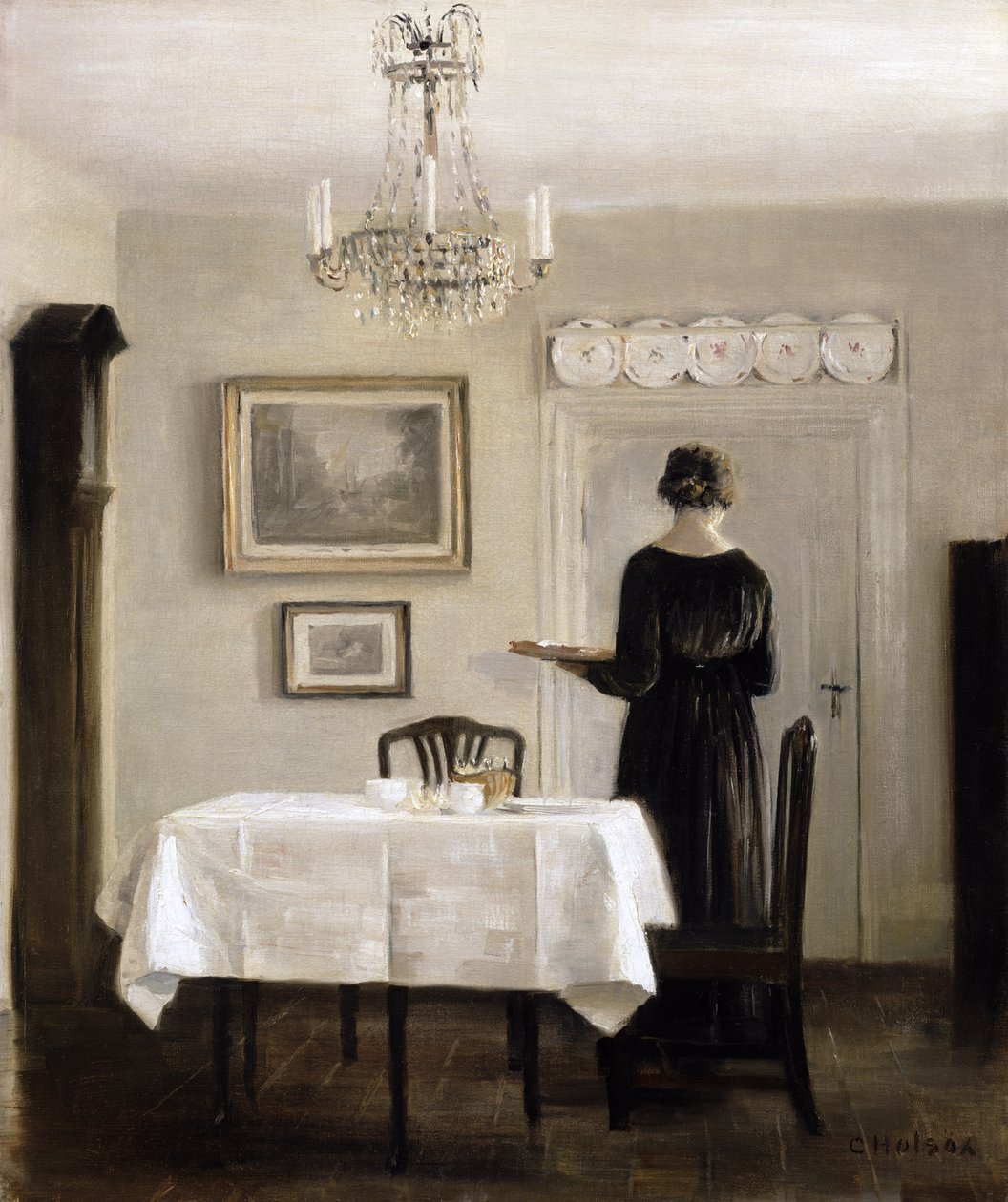 Interiør med Lady Carrying Tray, ca. 1905 af Carl Holsoe