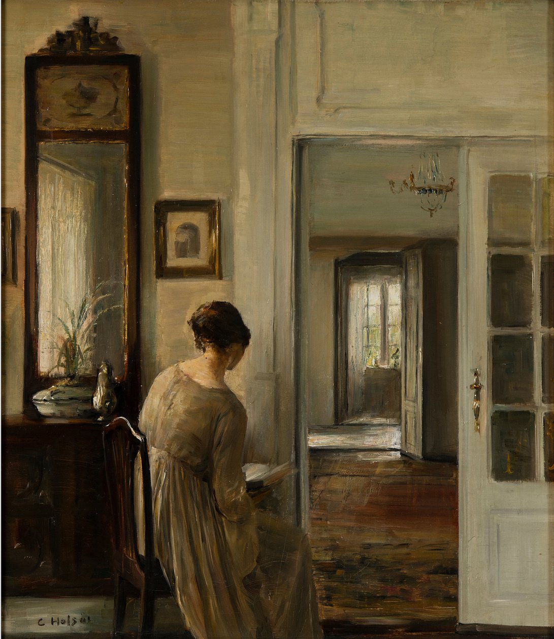 Foredrag. La femme du peintre - Læsning. Malerens Hustru - Carl Holsøe (1863-1935). Olie på lærred Mål: 58x52 cm Privat samling af Carl Holsoe