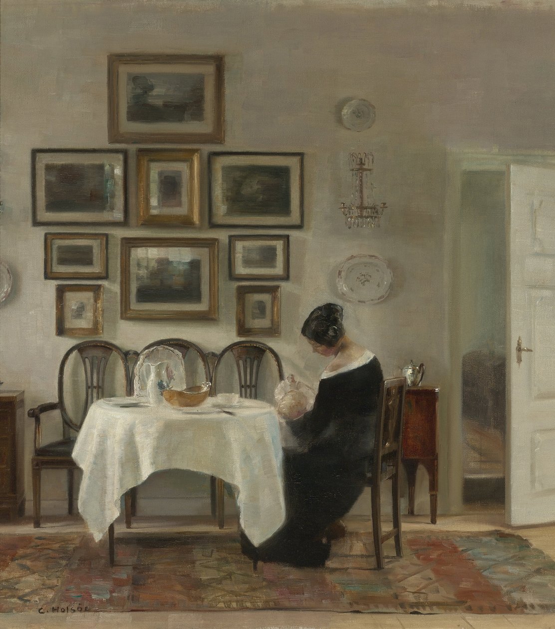 Mor og barn ved bordet par Holsø, Carl (1863-1935), - Olie på lærred, 75,2x68,2 - Privat samling af Carl Holsoe